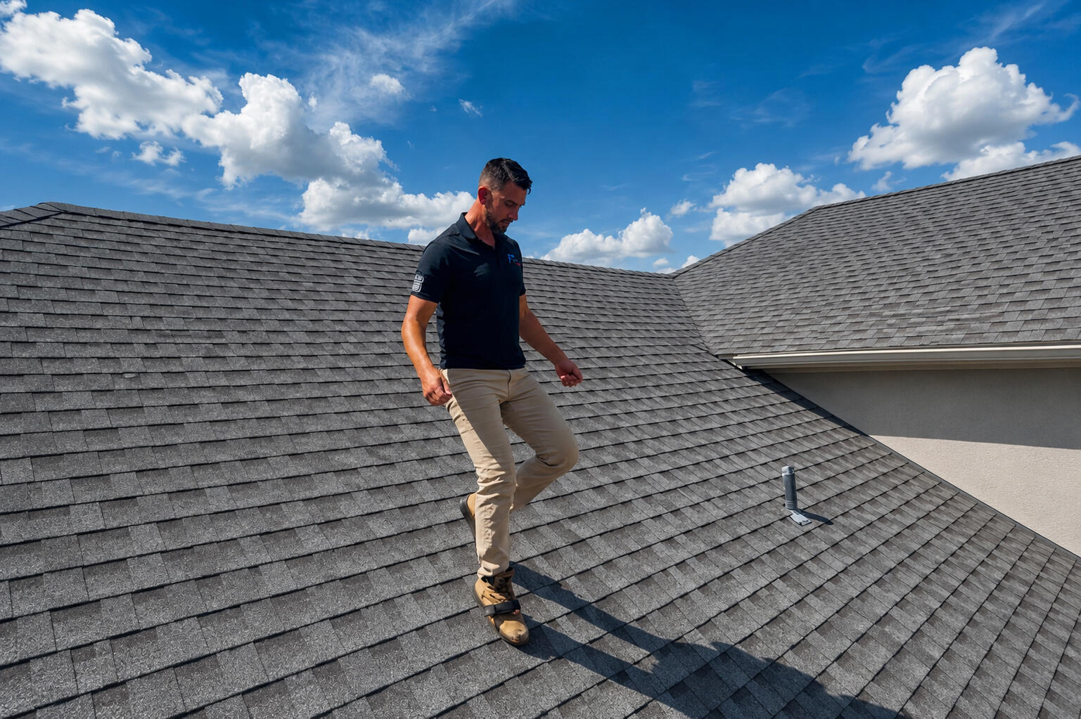 Roof Inspection Inside Attic | American Elite Roofing San Antonio Roofing professional kneeling inside a residential attic while taking inspection photos with a smartphone during a roof evaluation in San Antonio, Texas.
